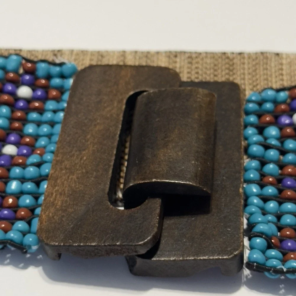 Turquoise‎ Beaded Stretch Belt Wooden Interlocking Buckle Bohemian Style